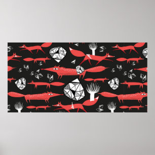 Seamless pattern with red foxes on a dark backgrou poster
