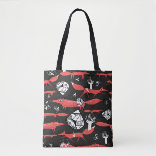 Seamless pattern with red foxes on a dark backgrou tote bag