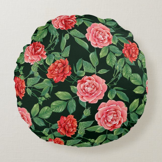 Seamless pattern with red roses flowers. Coloured  Round Cushion (Front)