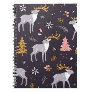 seamless pattern with reindeer, fir trees and sno notebook