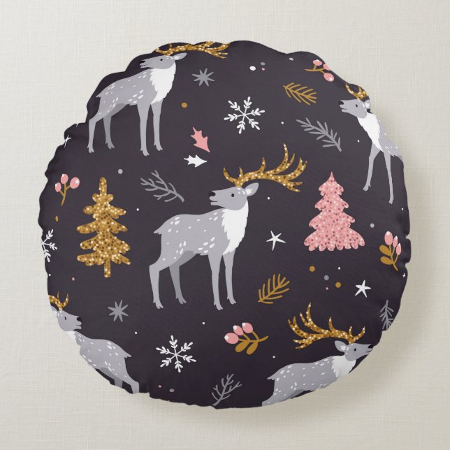  seamless pattern with reindeer, fir trees and sno round cushion (Front)