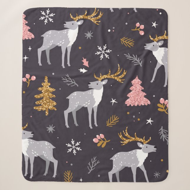  seamless pattern with reindeer, fir trees and sno sherpa blanket (Front)