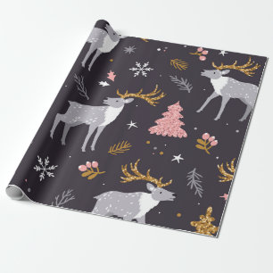 seamless pattern with reindeer, fir trees and sno wrapping paper