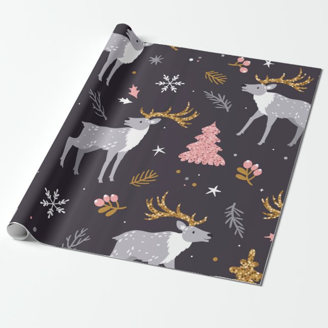  seamless pattern with reindeer, fir trees and sno wrapping paper (Unrolled)
