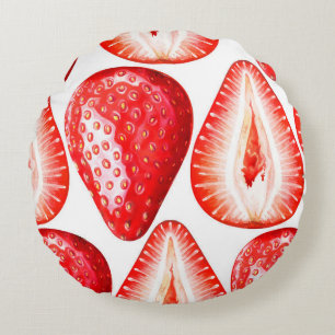 Seamless pattern with ripe strawberries on white b round cushion