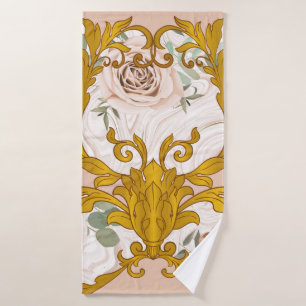 Seamless pattern with roses and baroque golden ele bath towel