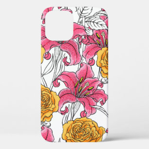Seamless pattern with roses and lilies. Hand drawn iPhone 12 Case