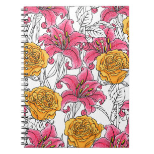 Seamless pattern with roses and lilies. Hand drawn Notebook