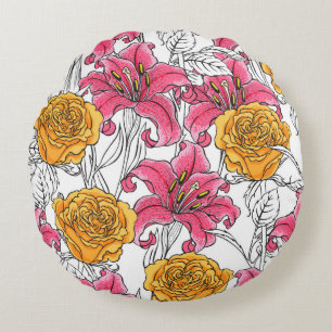 Seamless pattern with roses and lilies. Hand drawn Round Cushion