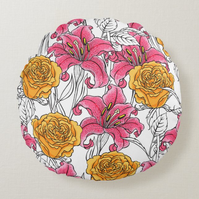 Seamless pattern with roses and lilies. Hand drawn Round Cushion (Front)
