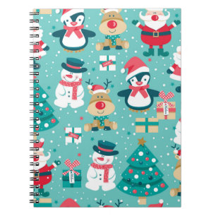 Seamless pattern with Santa Claus, snowman, deer, Notebook