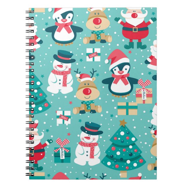 Seamless pattern with Santa Claus, snowman, deer,  Notebook (Front)