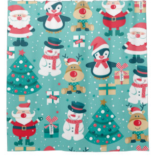 Seamless pattern with Santa Claus, snowman, deer, Shower Curtain