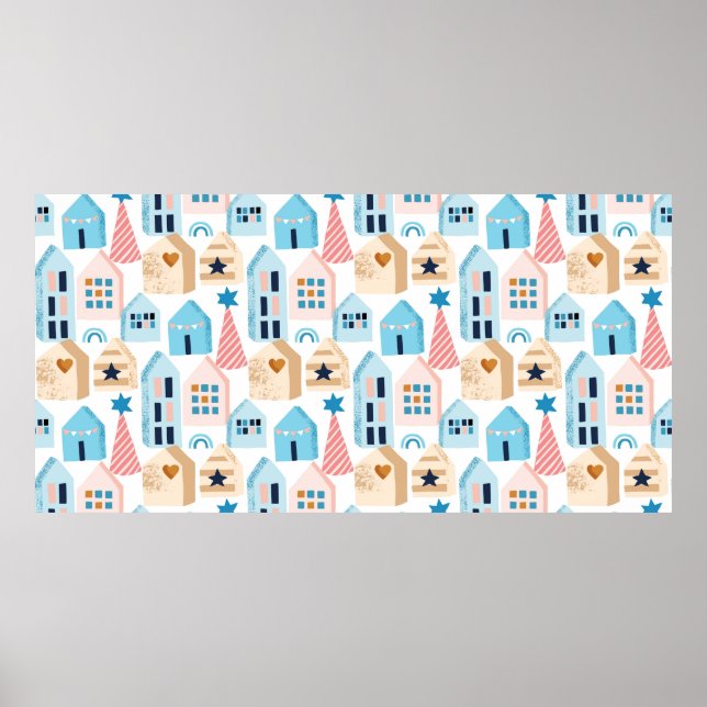 Seamless pattern with Scandinavian houses on white Poster (Front)