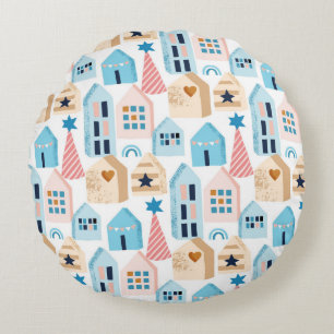 Seamless pattern with Scandinavian houses on white Round Cushion