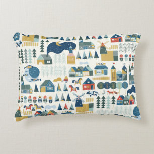 Seamless pattern with scandinavian village in past decorative cushion