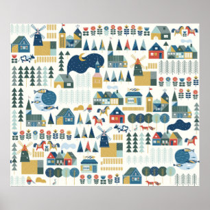 Seamless pattern with scandinavian village in past poster