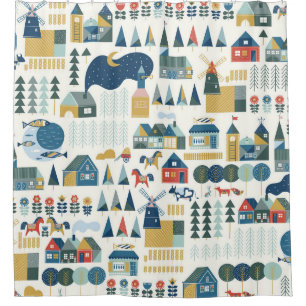 Seamless pattern with scandinavian village in past shower curtain