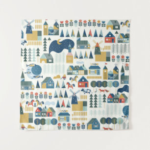 Seamless pattern with scandinavian village in past tapestry