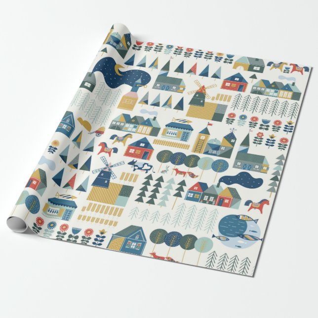 Seamless pattern with scandinavian village in past wrapping paper (Unrolled)