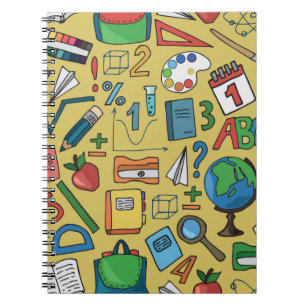 Seamless pattern with school supplies on a yellow  notebook