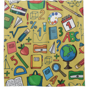 Seamless pattern with school supplies on a yellow shower curtain