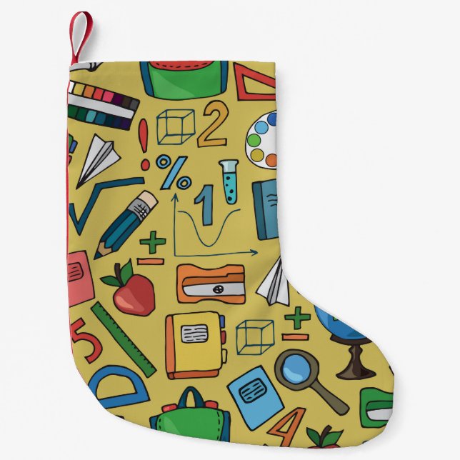 Seamless pattern with school supplies on a yellow  small christmas stocking (Front)