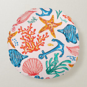 Seamless pattern with sea creatures round cushion