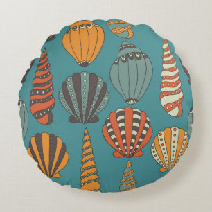 Seamless pattern with seashells, hand drawn icons  round cushion