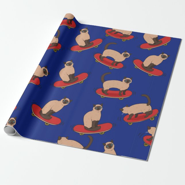 Seamless pattern with siamese cats on skateboards. wrapping paper (Unrolled)