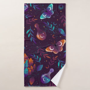 Seamless pattern with space butterfly, crystals, h bath towel
