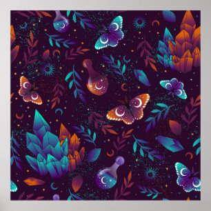 Seamless pattern with space butterfly, crystals, h poster