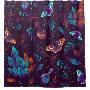 Seamless pattern with space butterfly, crystals, h shower curtain