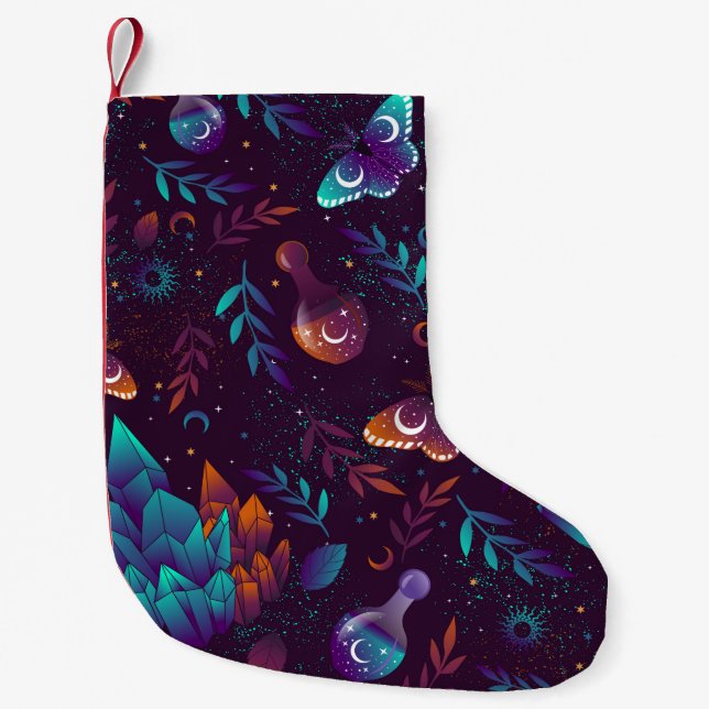 Seamless pattern with space butterfly, crystals, h small christmas stocking (Front)