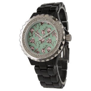 Seamless pattern with spring tree flower buds watch