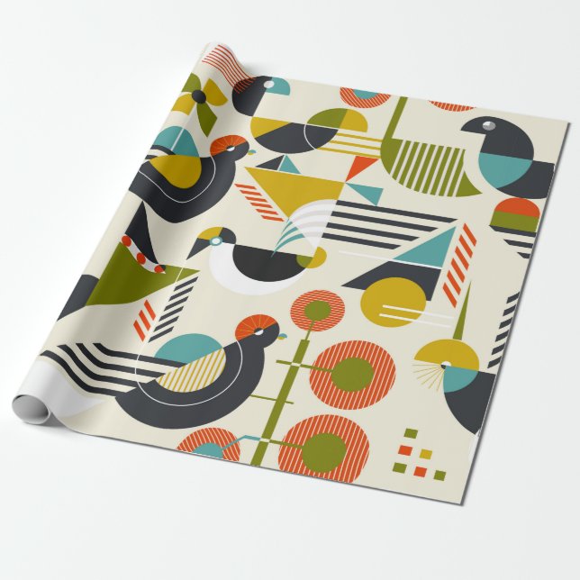 Seamless pattern with stylised birds in retro bauh wrapping paper (Unrolled)