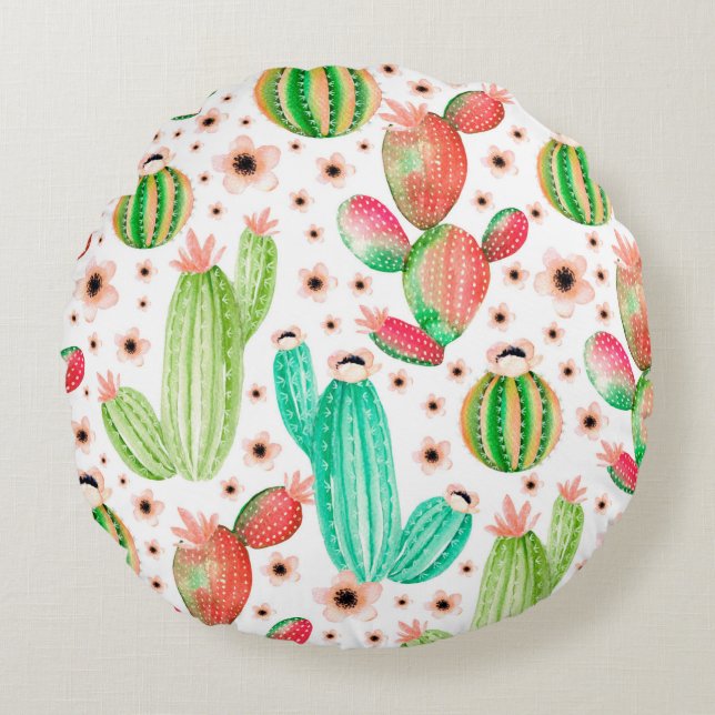 Seamless pattern with succulents. Watercolor cactu Round Cushion (Front)