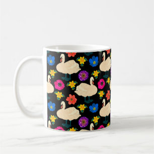 Seamless pattern with swans and flowers, hand draw coffee mug