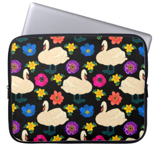 Seamless pattern with swans and flowers, hand draw laptop sleeve