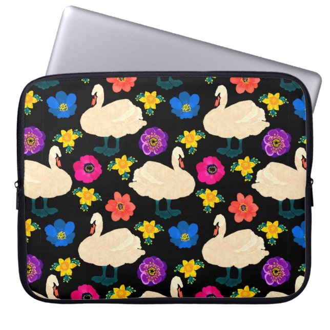 Seamless pattern with swans and flowers, hand draw laptop sleeve (Front)