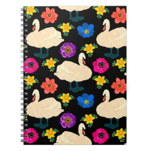 Seamless pattern with swans and flowers, hand draw notebook