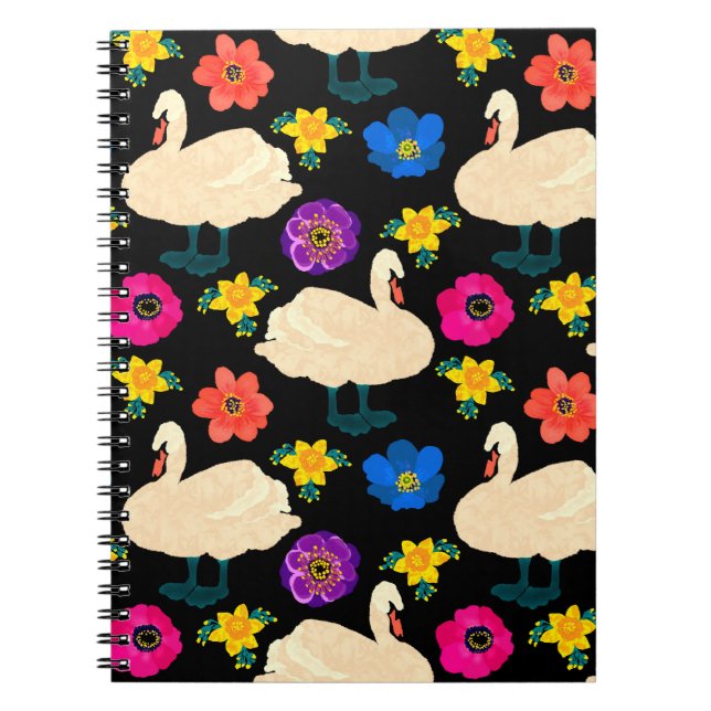 Seamless pattern with swans and flowers, hand draw notebook (Front)