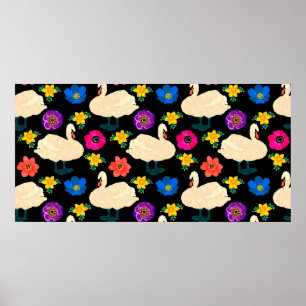 Seamless pattern with swans and flowers, hand draw poster