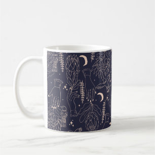 Seamless pattern with the outlines of hands, flowe coffee mug