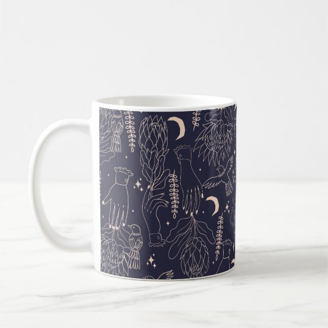 Seamless pattern with the outlines of hands, flowe coffee mug (Left)