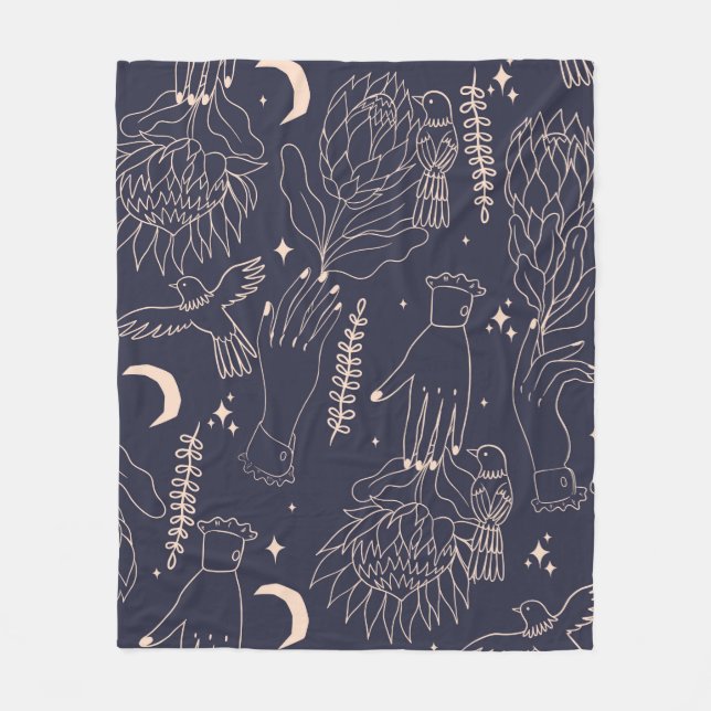 Seamless pattern with the outlines of hands, flowe fleece blanket (Front)