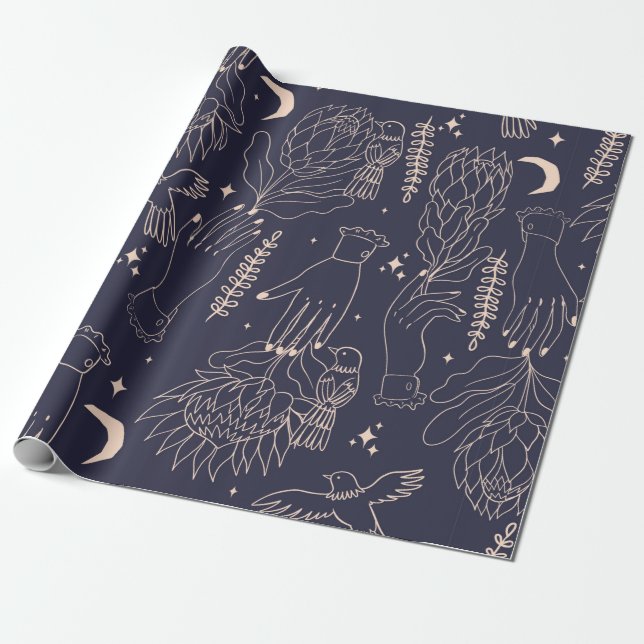 Seamless pattern with the outlines of hands, flowe wrapping paper (Unrolled)