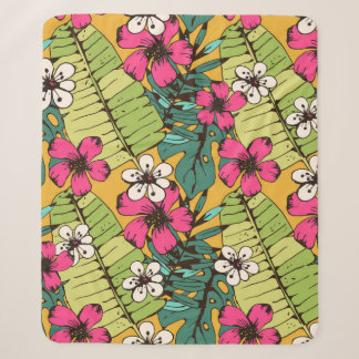 Seamless pattern with tropical flowers, palm leave sherpa blanket