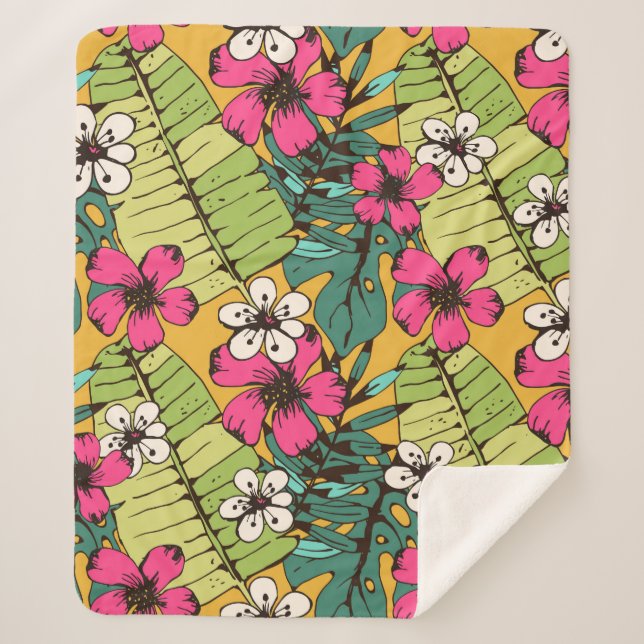 Seamless pattern with tropical flowers, palm leave sherpa blanket (Front)
