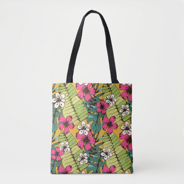 Seamless pattern with tropical flowers, palm leave tote bag (Front)